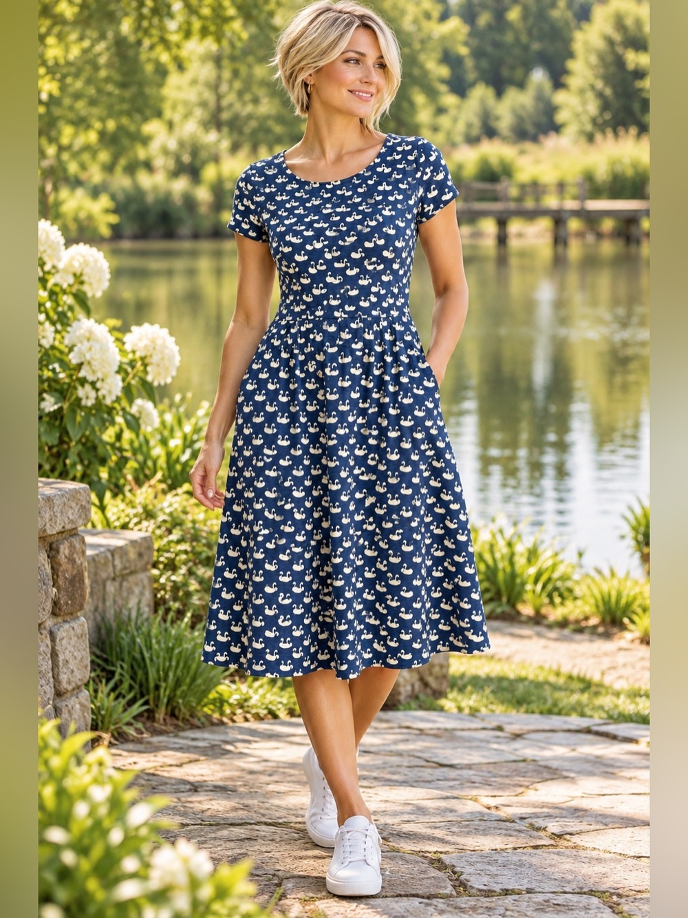 Boden Phoebe Jersey Dress Blue White Swan Print Cotton  10 Nautical Whimsical